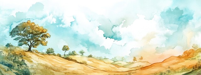 Serene Watercolor Landscape with Rolling Hills and Tranquil Sky