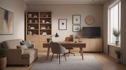 A beautiful living cum study room interior design, An empty interior room mockup template design.