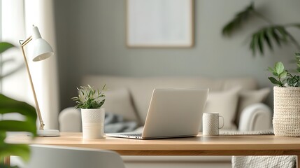 A cozy workspace features a laptop, plants, and a lamp, creating a serene atmosphere for productivity. The background shows a soft couch and light tones, enhancing calmness. Working Relax Concept