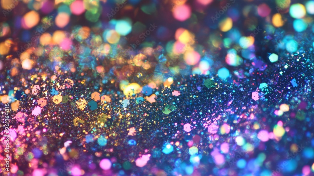 Poster vibrant bokeh with multicolored glitter particles creating a magical, festive, and abstract backgrou