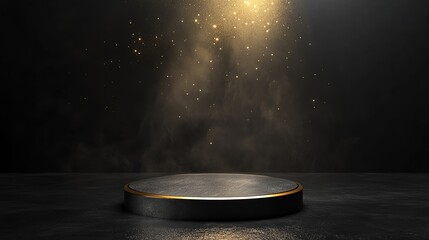 Black pedestal with gold rim on dark background with golden sparkles and spotlight.