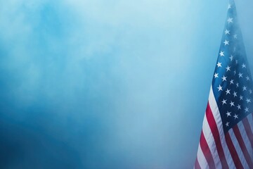 Happy Veterans Day background, American flag on blue fog background, November 11, American flag Memorial Day, July 4, Labor Day, Independence Day, copy-space with generative ai