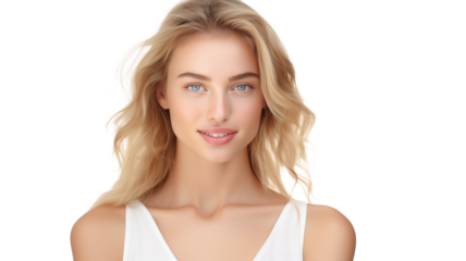 Smiling young woman with blonde long groomed hair isolated on transparent background PNG.