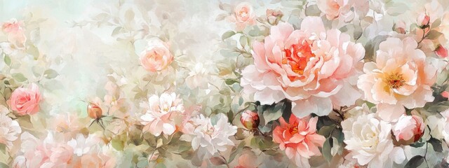 Elegant Floral Painting Featuring Delicate Roses and Peonies in Soft Pastel Colors