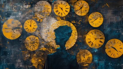 Fototapeta premium A silhouette of a person is depicted against a vibrant abstract background filled with numerous clocks, symbolizing the concept of time and its impact on human consciousness.