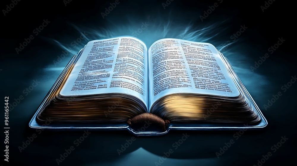 Poster illuminated words: close-up digital painting of open bible with highlighted verses on soft backgroun