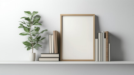 Wooden photo frame mock up with books  on the wall shelf background