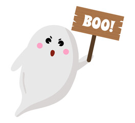 Vector halloween cartoon ghost with funny scary face emotion. Flying phantoms. Halloween white poltergeist isolated on white background