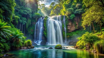 Fototapeta premium Majestic waterfall cascading down a lush hidden forest, showcasing the power and tranquility of nature, beauty, wild, remote, environment, destination, cascading, scenic, lush, foliage