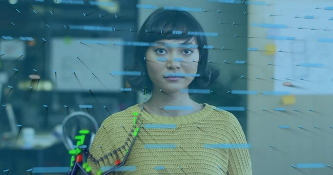 Data visualization animation over woman in yellow sweater looking forward