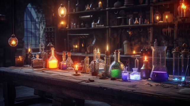 An evocative scene of an alchemist's workshop bathed in the warm glow of candlelight. Colorful potions in various glass bottles are scattered across a rustic wooden table, reflecting the mystery and