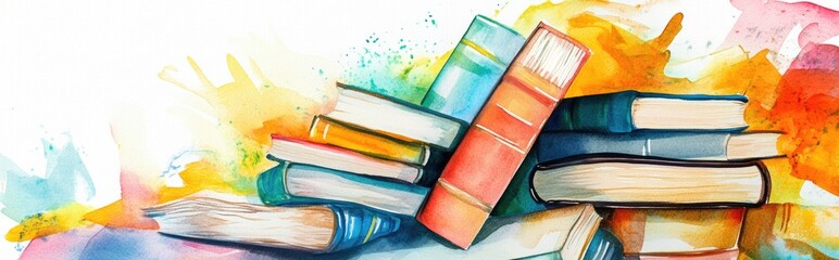Vibrant Watercolor Illustration of Stacked Books: A Visual Celebration of Reading and Artistic Expression