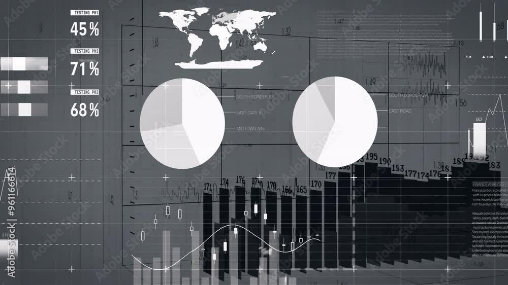 Poster Graphs and charts animation over world map and data analytics