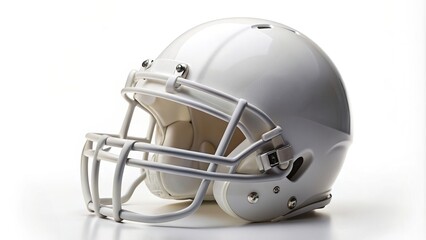 Naklejka premium White American football helmet isolated on white background, player, sportswear, safety, play, NFL, competition, collision,white, sports, gear, offense, concussion, football helmet, head
