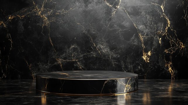 Fototapeta Black marble podium on a black marble background.