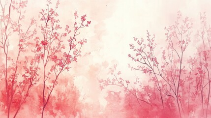 A Serene Watercolor Illustration of Delicate Pink Blossoms in an Abstract Floral Landscape