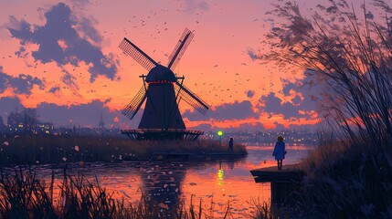 A serene sunset scene with a girl by a windmill, reflecting on the still waters.