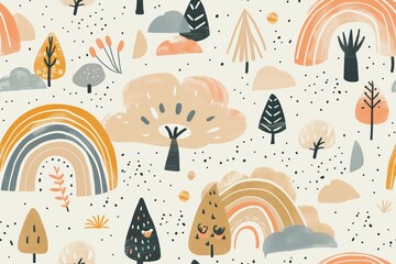 Rainbow forest pattern. A seamless pattern of trees, clouds, rainbows, and abstract shapes in muted colors on a light beige background.