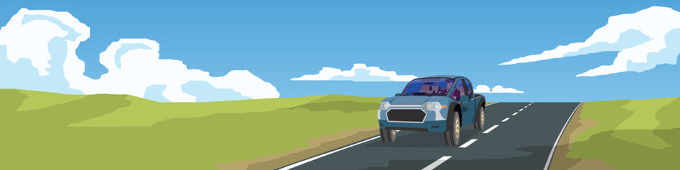 Landscape view of pickup car driving on asphalt road. Can view inside car with driving man. Meadow and hills under blue sky and white clouds. Background for banner.