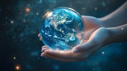 Hands Protecting Earth in a Bubble: Two hands cupped around the Earth, which is encased in a protective glass bubble, with a bright light shining through.
