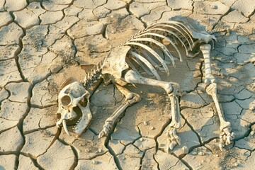 An elephant skeleton decomposing on parched ground