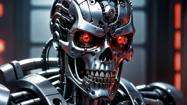 close up on face portrait of endoskeleton of terminator cybernetic machine soldier with titanium skull and red glowing mechanical eyes