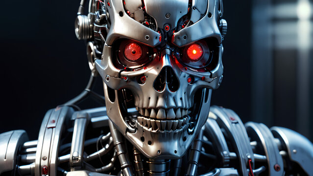 close up on face portrait of endoskeleton of terminator cybernetic machine soldier with titanium skull and red glowing mechanical eyes