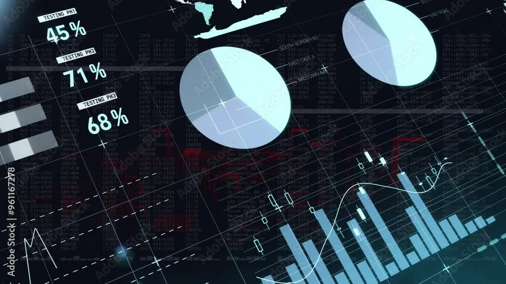 Poster financial data charts and graphs animation over world map and stock market data