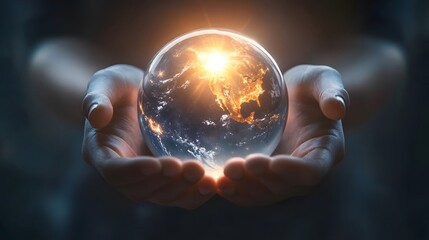 Fototapeta premium Hands Protecting Earth in a Bubble: Two hands cupped around the Earth, which is encased in a protective glass bubble, with a bright light shining through. 