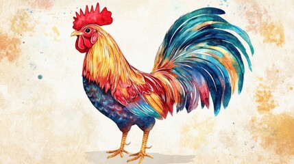 Fototapeta premium Vibrant Rooster in Watercolor: A Colorful Avian Portrait Celebrating Farm Life