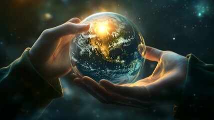 Hands Protecting Earth in a Bubble: Two hands cupped around the Earth, which is encased in a protective glass bubble, with a bright light shining through.
