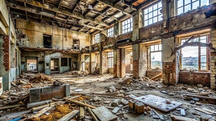 Fototapeta premium spooky, broken, urban exploration, vandalized, darkness, ruin, desolate, decay, architecture, eerie, close-up, unsettling, Scary abandoned building destroyed inside Close Up