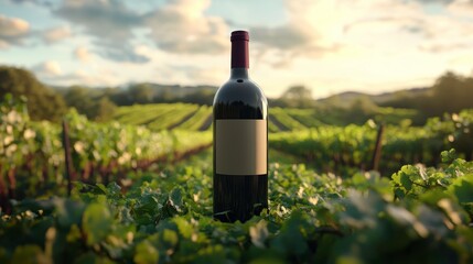 Fototapeta premium Organic wine bottle, with vineyard background, 3D illustration