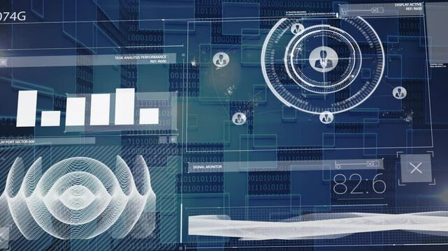 Digital data analysis and performance metrics animation over binary code background