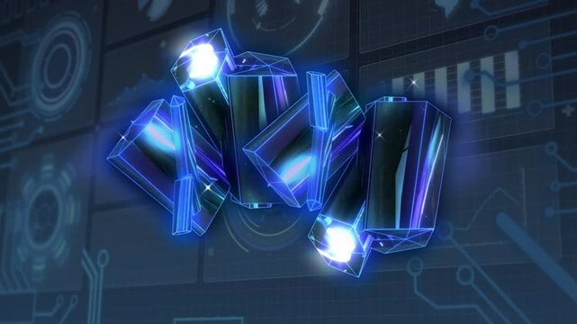 Glowing crystals animation over futuristic digital interface with data processing elements - Powered by Adobe