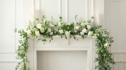 White fireplace adorned with green and white bouquets and salt candles in white living room.