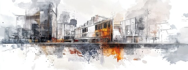 Vibrant Cityscape: An Artistic Exploration of Modern Architecture in Watercolor Style