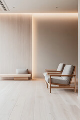 Minimalist Scandinavian - Japanese fusion interior design composition in neutral tones.Serene property interiors with ample copyspace.