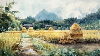 Serene Watercolor Landscape of Golden Fields and Mountains in a Rural Setting