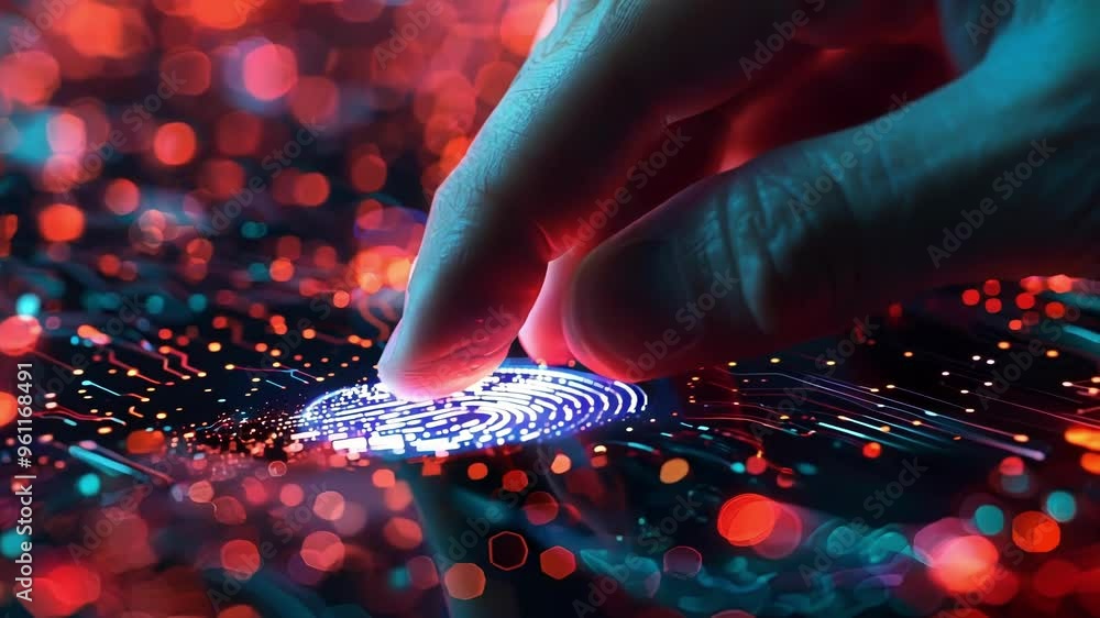 Poster activating futuristic fingerprint scanner on backlit keyboard for top notch security in cyber world.