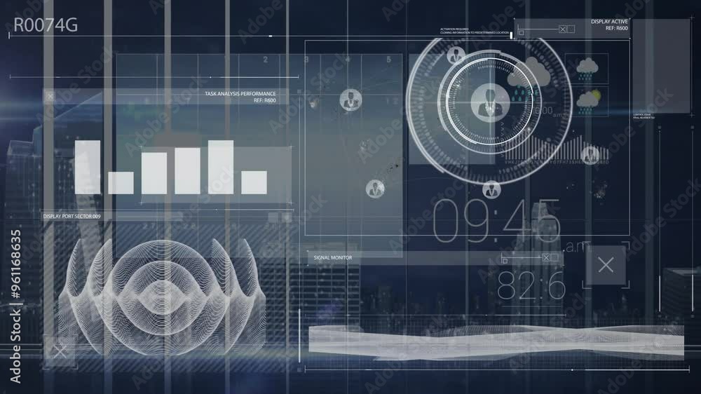 Poster digital interface with data charts and graphs animation over cityscape background
