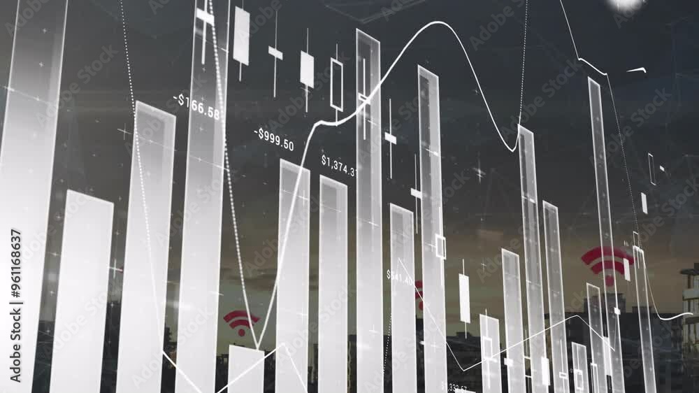 Poster financial data charts and graphs animation over cityscape background