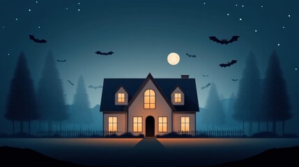 Fototapeta premium Spooky house with glowing windows and flying bats under a full moon at night