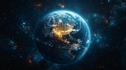 Naklejka premium A stunning depiction of Earth surrounded by a network grid, symbolizing advanced space technology, ideal for business presentations on global connectivity and internet coverage.