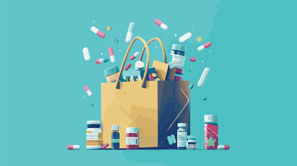 Online Drugstore Concept with a Giant Shopping Bag Full of Various Medicines