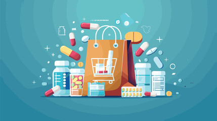 Online Drugstore Concept with a Giant Shopping Bag Full of Various Medicines