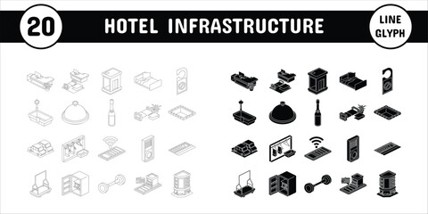 Hotel Infrastructure Line Glyph Vector Illustration Icon Sticker Set Design Materials