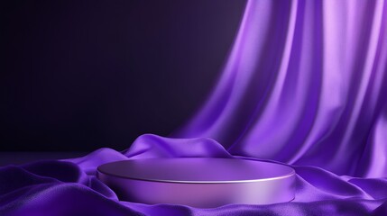 Purple podium with draped purple fabric on a purple background.