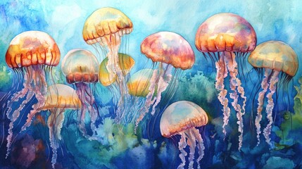 Vibrant Jellyfish Dance: A Watercolor Exploration of Underwater Serenity
