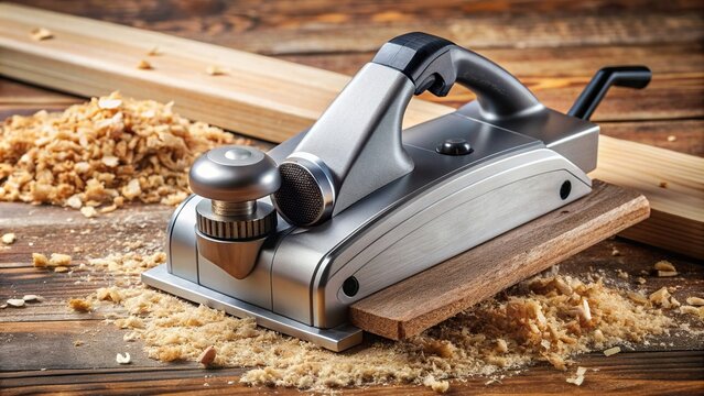 A close up view of a sharp sharpened steel knife electric planer with a wood fragment attached producing precise and clean cuts, wood fragment, precision, woodworking, craftsmanship